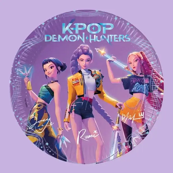KPop Demon Hunters themed party plate featuring three animated characters on a purple background with logo artwork.
